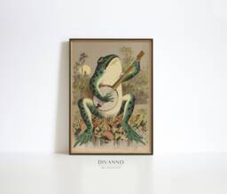Frog Playing Banjo in The Moonlight, Vintage Poster, Antique Illustration, Printable Wall Art, Retro Print, Giclee Lithograph - thumbnail 1