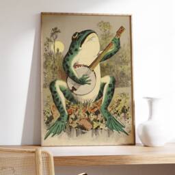 Frog Playing Banjo in The Moonlight, Vintage Poster, Antique Illustration, Printable Wall Art, Retro Print, Giclee Lithograph - thumbnail 3