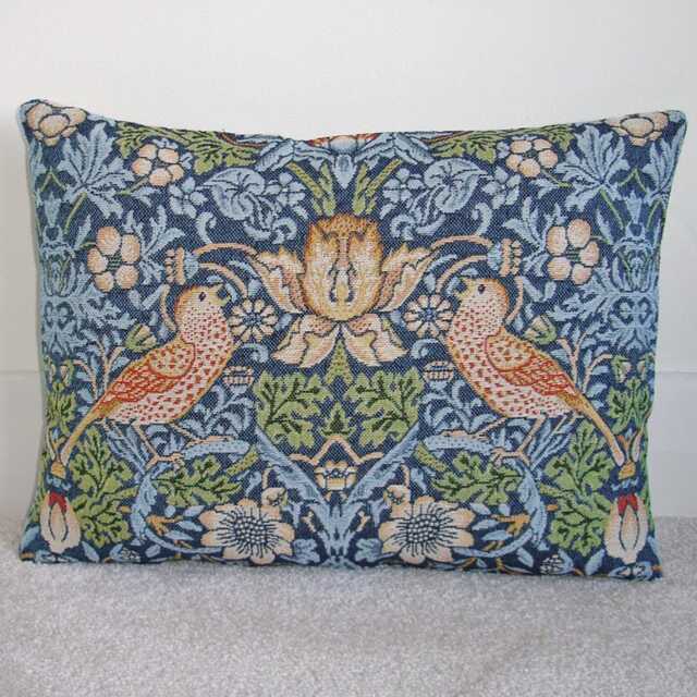 "William Morris Strawberry Thief Cushion Cover Tapestry Blue With Zip 12x16 Oblong Bolster Birds Pillow Case Sham Pillowcase 16""x12" - image 1