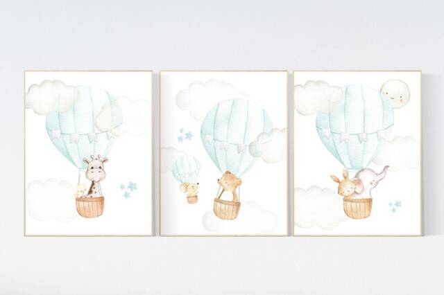 Hot Air Balloon Nursery Print Mint Gray Animals Wall Art - image 1