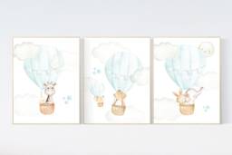 Hot Air Balloon Nursery Print Mint Gray Animals Wall Art - thumbnail 1