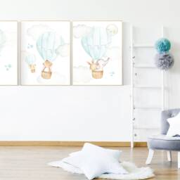 Hot Air Balloon Nursery Print Mint Gray Animals Wall Art - thumbnail 2