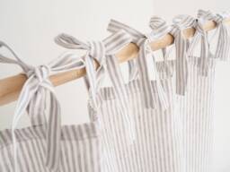Gray Striped Tie Top Linen Curtain. Boho - thumbnail 1