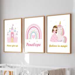 Fairytale Princess Unicorn Prints Set Of 3 Pastel Nursery Wall Art - thumbnail 1