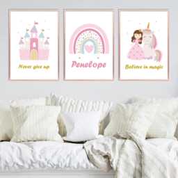 Fairytale Princess Unicorn Prints Set Of 3 Pastel Nursery Wall Art - thumbnail 2