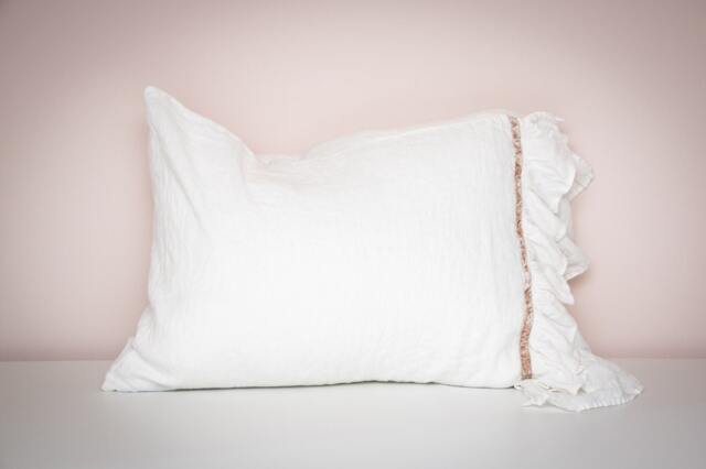 White Linen Pillowcase Shabby Chic Ruffle Bedding, Velvet Ribbon - image 1