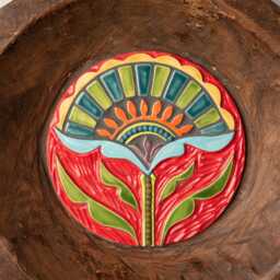 Ceramic Wall Art in Hand Carved Wood Dough Bowl With Handmade & Mosaic Tile, Made To Order, Deep Framed - thumbnail 2
