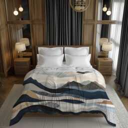 Modern Mountain Landscape Comforter, Nature Scandinavian Bedding Gift For Neutral Minimalist Bedroom Decor, Dark Blue Beige #242