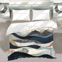 Modern Mountain Landscape Comforter, Nature Scandinavian Bedding Gift For Neutral Minimalist Bedroom Decor, Dark Blue Beige #242 - thumbnail 2
