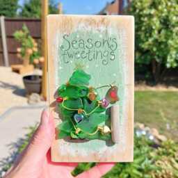 "Sea Glass Robin Christmas Tree Wall Art, Decor, Handmade Festive Gift, "