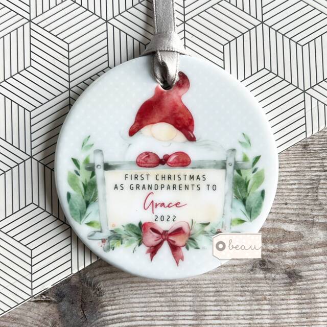 Personalised 1st First Christmas Grandparents Grandma Sister Auntie Uncle Godparents Baby Santa Gnome Ceramic Or Acrylic Ornament Keepsake