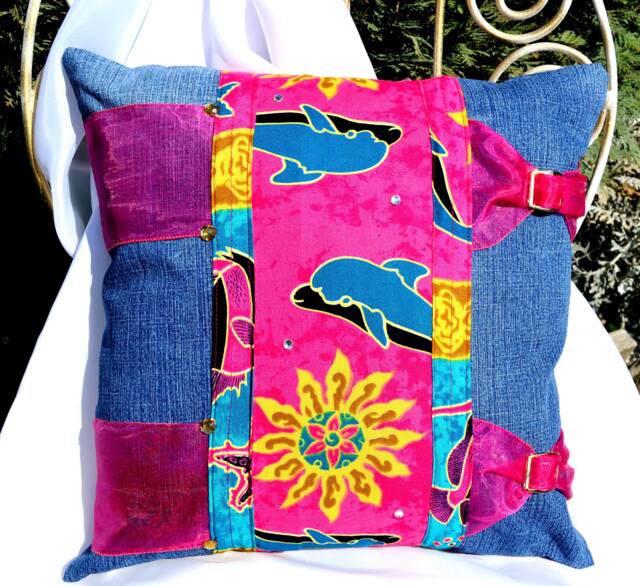 Denim Dolphin Pillow Colorful Woven Accent Cushion - 16x16 In - image 1