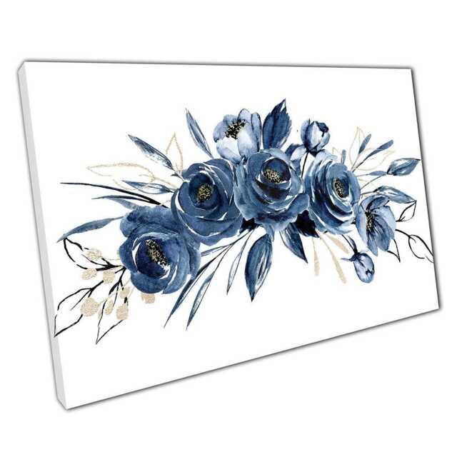 Navy Blue Floral Rose Wreath Canvas Wall Art Print For Home Office Decor - image 1