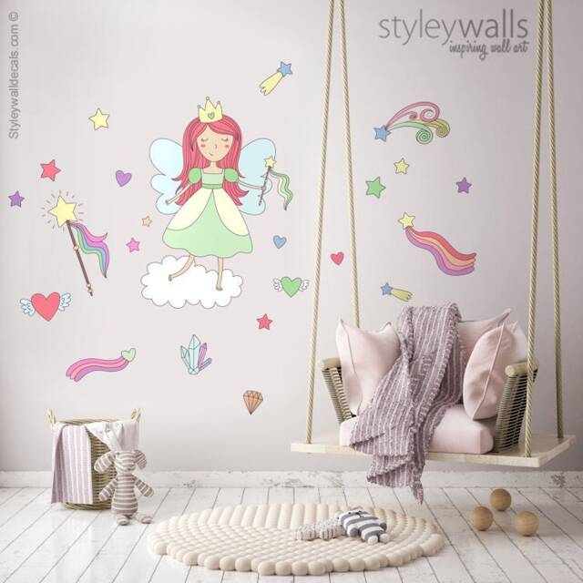 Fairy Wall Decal, Sticker, Rainbow Clouds Stars Girls Nursery Decor, Magical Princess Decor
