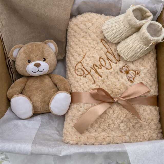 Personalised Baby Blanket Gift Set Box Teddy Bear Toy Muslin Cloth Bootees Embroidered Baby Shower