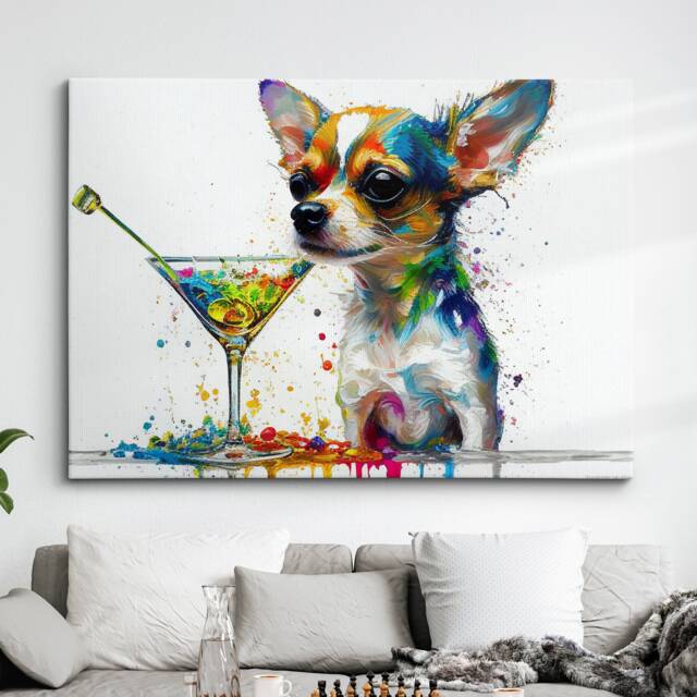 Chihuahua Drinking Wine Abstract Dog Pet Animal Painting Splatter Wall Art Framed Canvas Poster Print, Home Kitchen Office Room Decor, Gifts - image 1