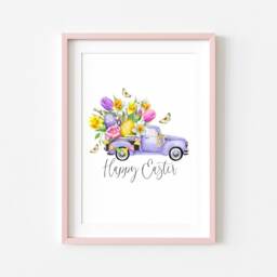 Happy Easter Lavender Truck Floral Print, Spring Wall Art - Unframed - thumbnail 3