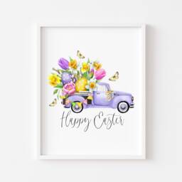Happy Easter Lavender Truck Floral Print, Spring Wall Art - Unframed - thumbnail 1