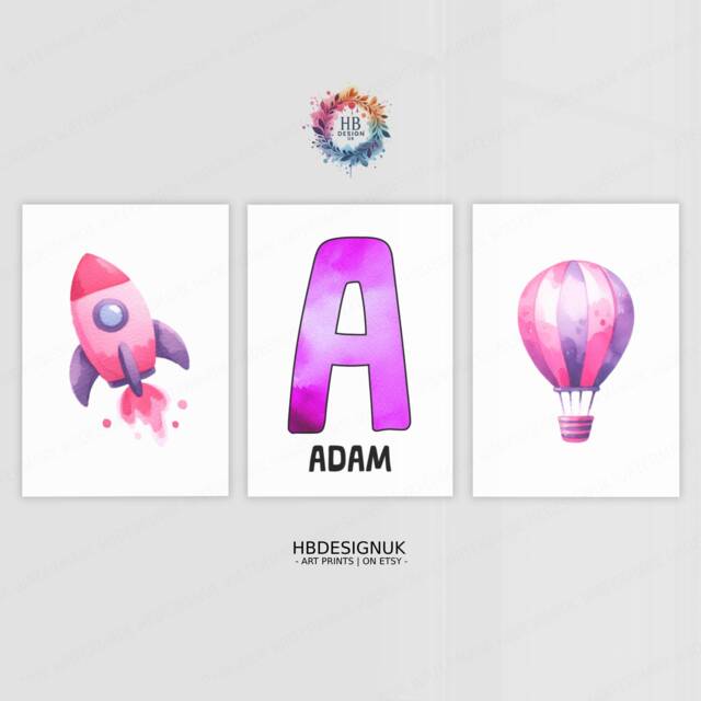 Personalised Kids Airplane Prints - Set Of 3 Posters - Pink Rocket Wall Art Room Nursery Custom Name Decor Aviation Gifts - image 1