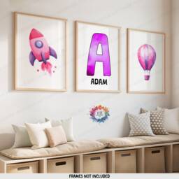 Personalised Kids Airplane Prints - Set Of 3 Posters - Pink Rocket Wall Art Room Nursery Custom Name Decor Aviation Gifts - thumbnail 2