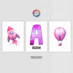 Personalised Kids Airplane Prints - Set Of 3 Posters - Pink Rocket Wall Art Room Nursery Custom Name Decor Aviation Gifts - thumbnail 1