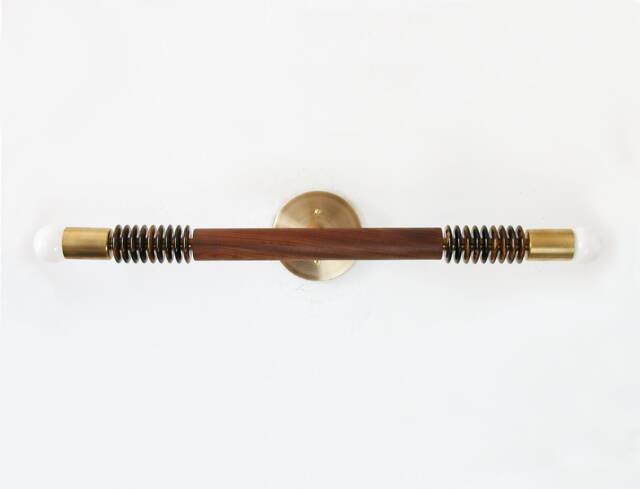 Tiger Eye Gemstone & Walnut Wall Fixture Light Double Brass Sconce Vanity Bedside Lamp - image 1