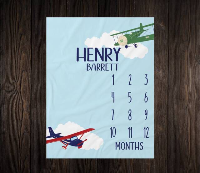 Airplane Milestone Blanket Monthly Growth Tracker Aircraft Soft Fleece Baby Shower Gift Newborn Watch Me Grow Boy - image 1