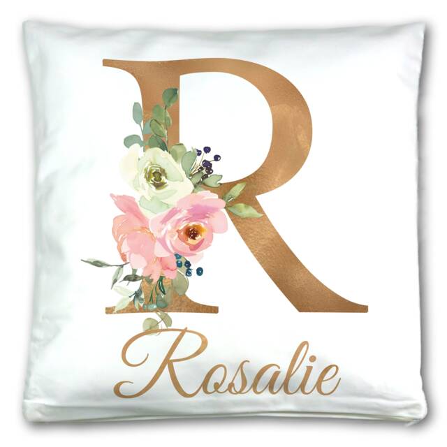 Personalised Floral Gold Initial Letter & Name Cushion Cover With/Without Insert. Wedding, Birthday Gift Idea For Mum Sister Friend