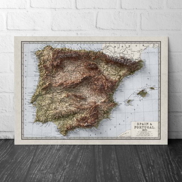 Spain & Portugal Map - Geology Elevation 2D Vintage Poster Balearic Islands Ibiza - image 1