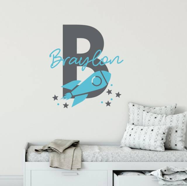 Rocket Ship Wall Decal For Bedroom Art, Personalized Name Decal, Customized Outer Space Kids Room Decor, Vinyl Sticker - image 1