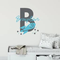 Rocket Ship Wall Decal For Bedroom Art, Personalized Name Decal, Customized Outer Space Kids Room Decor, Vinyl Sticker - thumbnail 1
