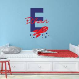 Rocket Ship Wall Decal For Bedroom Art, Personalized Name Decal, Customized Outer Space Kids Room Decor, Vinyl Sticker - thumbnail 3