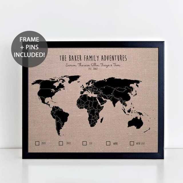 Family Adventures World Pushpin Map Personalised Pinboard Travel Gift Wedding Wall Art Framed With Pins - image 1