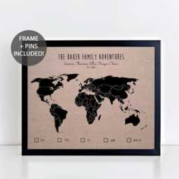 Family Adventures World Pushpin Map Personalised Pinboard Travel Gift Wedding Wall Art Framed With Pins - thumbnail 1