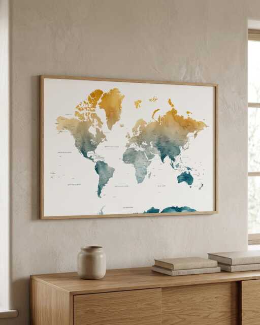 Gold & Teal Watercolour World Map Print - Travel Wall Art - image 1