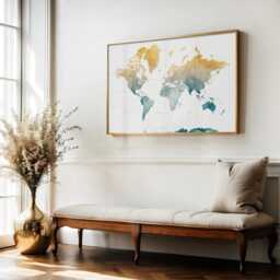 Gold & Teal Watercolour World Map Print - Travel Wall Art - thumbnail 2