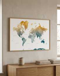 Gold & Teal Watercolour World Map Print - Travel Wall Art