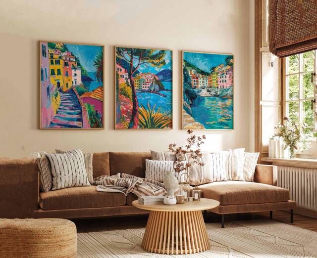 Set Of 3 Cinque Terre Posters, Italy Prints, Painted Coastal Wall Art, Mediterranean Travel Poster, Colourful Landscape Gift - image 1