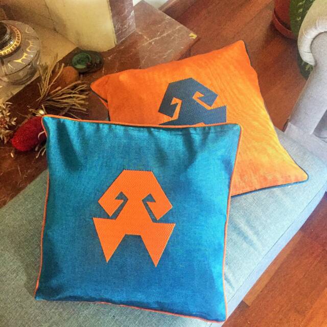 16x16 Silk Pillow, Blue Silk Hands-On-Hips Symbol, Embroidery Pillow, Cushion, Handmade Decorative Pillowcase, Turquoise Pillow - image 1