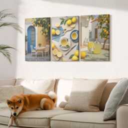 Canvas Set Of 3 Wall Art - Lemons Lemonade Blue Doors Summer Views, Yellow Canvas, Food & Drinks Decor