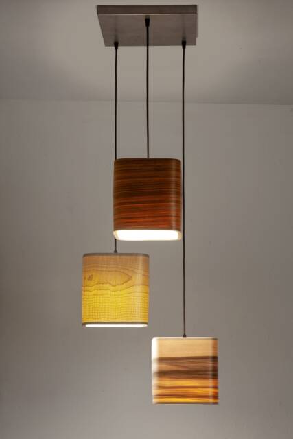 Pendant Light Fixture Made Of Red Gum, Maple & Zebrano Veneer, Modern Linear Chandelier, Handmade Lamp, Living Room Light, Office - image 1