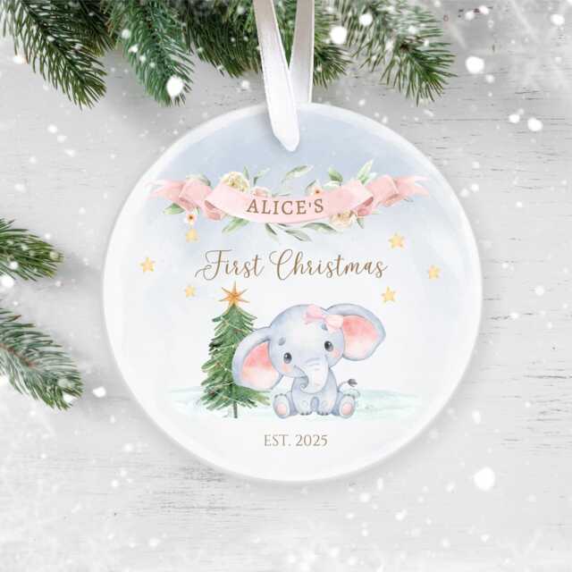Personalised Baby's First Christmas Ornament, Elephant Bauble 2025, Custom Ceramic Keepsake For Girl - image 1