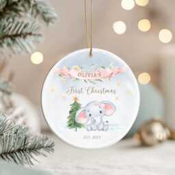 Personalised Baby's First Christmas Ornament, Elephant Bauble 2025, Custom Ceramic Keepsake For Girl - thumbnail 3