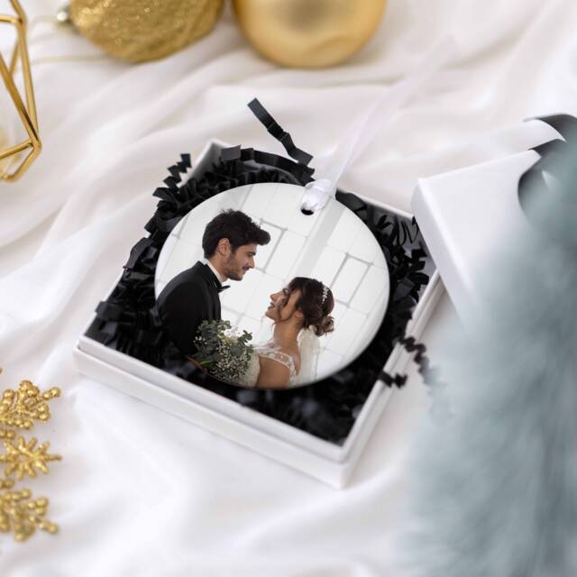 Married Photo Bauble, Personalised Engaged Ornament, First Christmas As Mr & Mrs Decoration, Couple Wedding Gifts - image 1