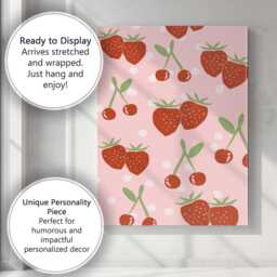 Pink Strawberry & Cherry Repeat Pattern Canvas Wall Art Print Decor Picture Ready To Hang - thumbnail 3
