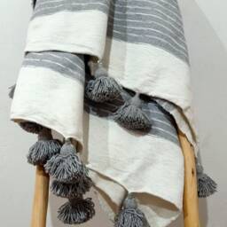 Moroccan Tassel Pompom Bedspread, Hand Woven Bed Cover By Berber Artisans On Wooden Looms, Soft Cotton Plaid, Large Linen Throw - thumbnail 4