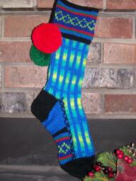 Hand Knit Christmas Stocking Blue Green Red Stripe Chain Link Border By Santa's Works