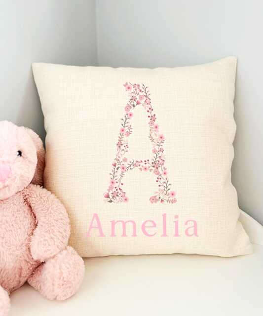 Personalised Floral Name Cushion, Girl Flower Nursery Cushion Initial, Bedroom Accessories, Pillow, Baby - image 1
