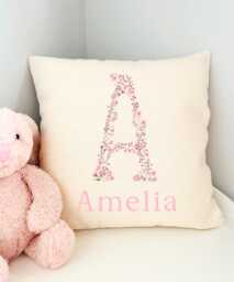 Personalised Floral Name Cushion, Girl Flower Nursery Cushion Initial, Bedroom Accessories, Pillow, Baby - thumbnail 1