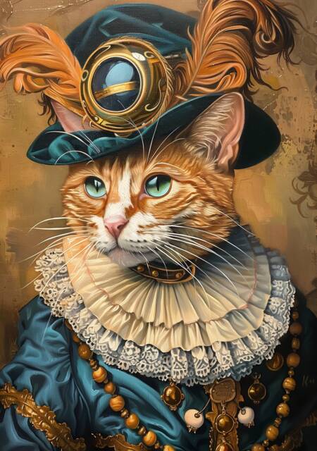 Premium Pet Portrait Cat Oil Painting Vintage Funny Animal Wall Art Regal Renaissance Human Outfit Cloths - A4 A3 A2 Festival Merch